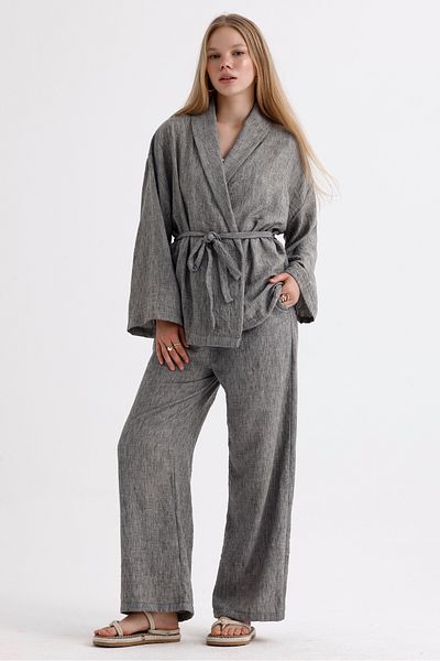 MD trend Linen Suit - Spanish Sleeve, Belted Jacket and Lace-up Palazzo Trousers