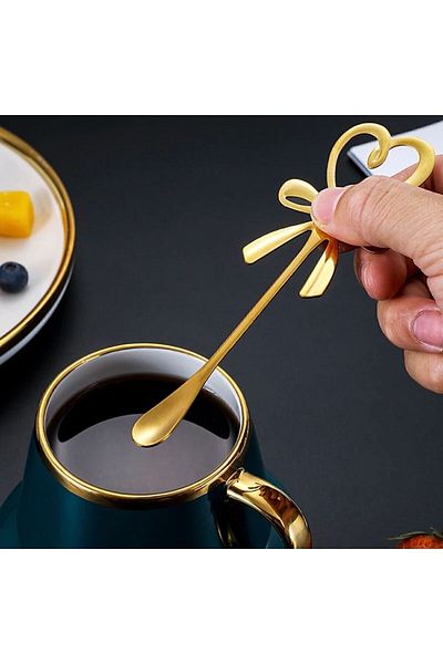 Hatice sakallı design Shiny Gold Heart Patterned Tea and Coffee Nescafe Spoon