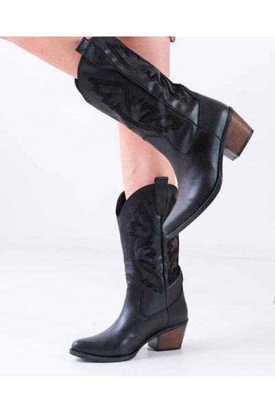 Demashoes Cizme de cowboy de damă lungi brodate negre Toc 5 cm