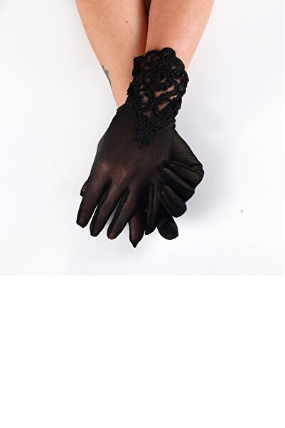 Elegance Scarf Siyah Fransız Üçgen Dantel Gelin Eldiveni