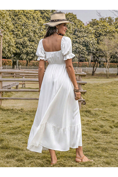 Russty Dustty By Styli Lace Insert Square Neck Maxi Dress with Puff Sleeve