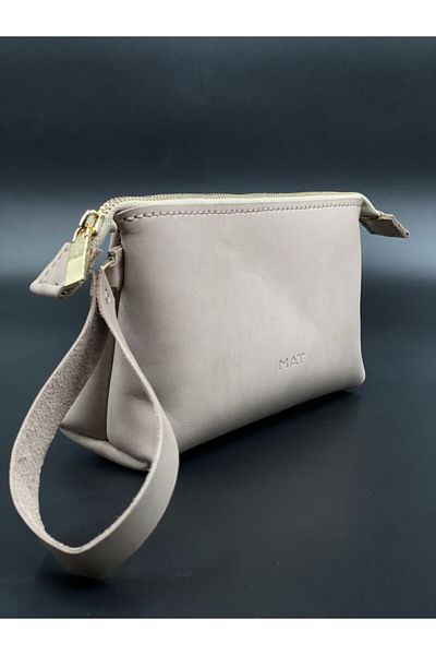 MAT Deri Women's Beige Genuine Leather Makeup and Travel Bag