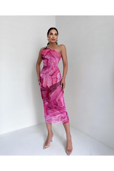 Sands Tekstil Rochie pe un umăr cu model fuchsia