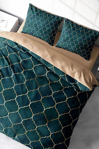 PerlaSera 3D Custom Design - Double Duvet Cover Set, Tightly Woven Cotton Satin, Gold Line Moraccan