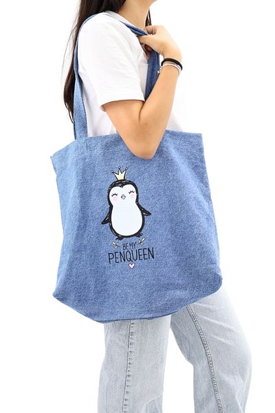 ICONE BAG Geantă de damă din pânză imprimată pinguin cu volum mare - alb de mână și de umăr