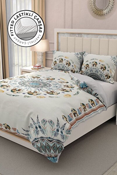 MonoHome Lastikli Çarşaflı %100 Pamuk Saten Çift Kişilik Nevresim Takımı 3d F...