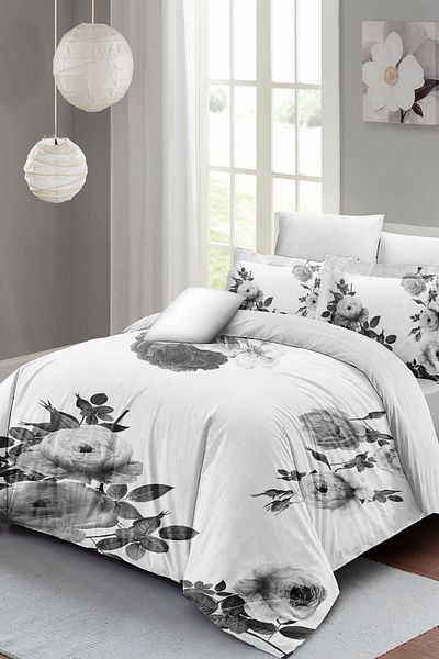 MonoHome 100% Cotton Satin Double Duvet Cover Set with Elastic Sheets Black White Flower