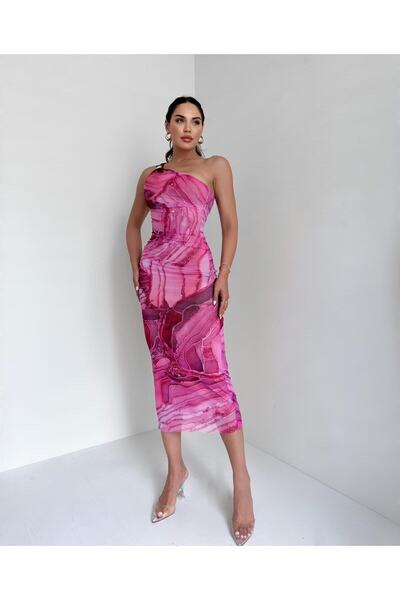Sands Tekstil Rochie pe un umăr cu model fuchsia