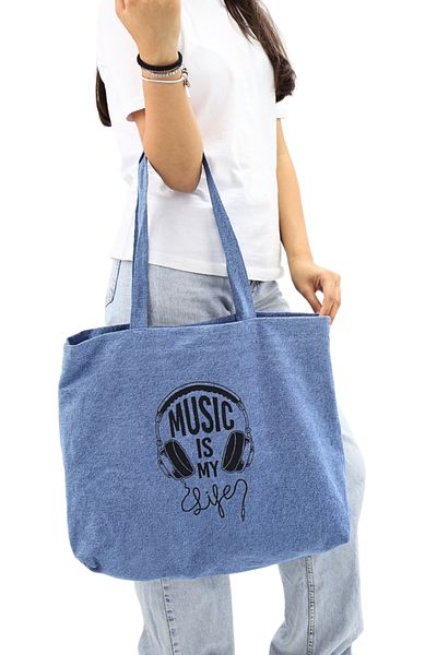 ICONE BAG Geantă de damă din denim și denim cu imprimeu muzical - Geantă din pânză de mână și de umăr