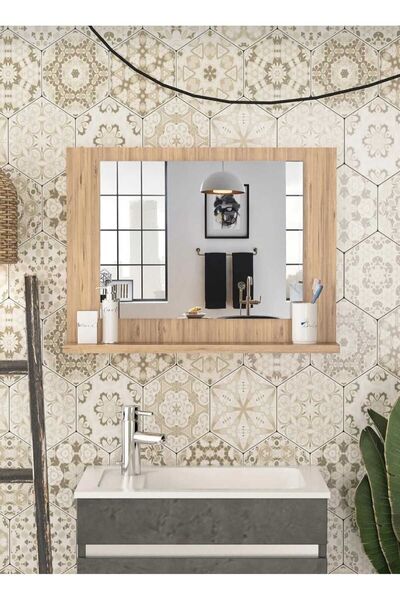 Mirapet mira ahşap 45x60cm Ceviz Raflı banyo Aynası yan