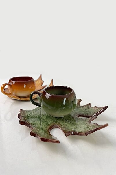 Artistic Quality Decorative Plane Leaf Figured Tea Coffee Cup Set in Green an...