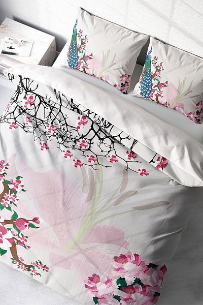 PerlaSera Peacock Natural 3D Custom Design - Double Duvet Cover Set, Tightly Woven Cotton Satin
