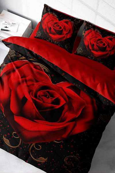 PerlaSera Double Duvet Cover Set - Satin, Cotton, 3D Design, Red Black Heart