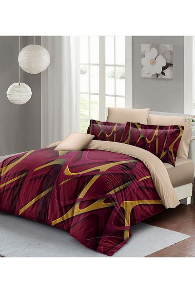 MonoHome 100% Cotton Satin Double Duvet Cover Set with Elastic Sheets Red Brown