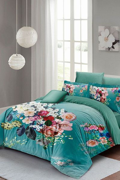 PerlaSera 3D Custom Design - Floral Turquoise Duvet Cover Set, Tight Woven Cotton Satin