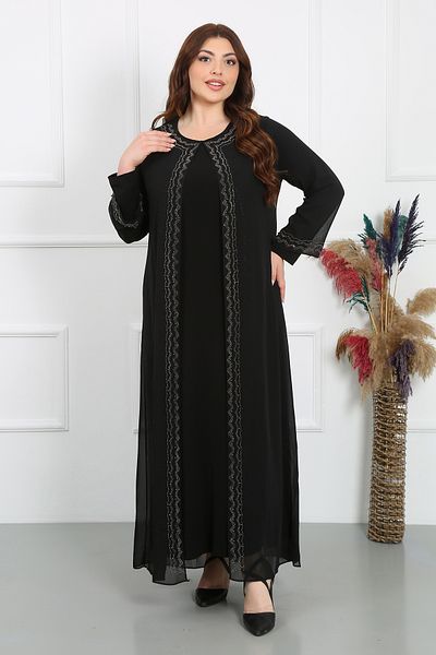YASEŞA BUTİK Plus Size Stylish Black Sudenaz Evening Dress with Stone Detail - Mother Women Young