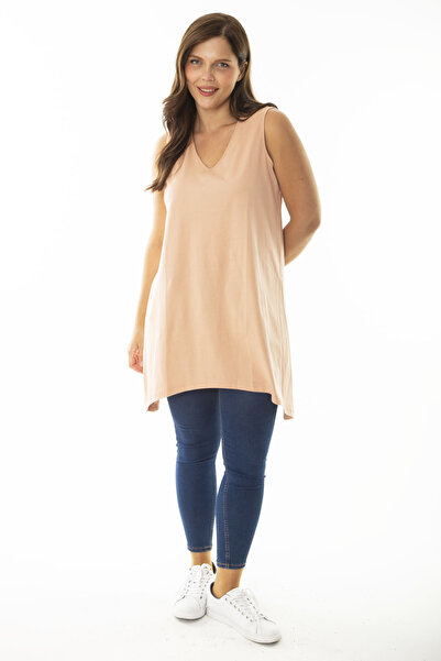 Şans Women's Plus Size Salmon V-Neck Long Sleeveless Blouse 65N36920