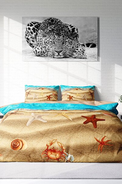 MonoHome 100% Cotton Satin Double Duvet Cover Set with Fitted Sheets Beach Stars