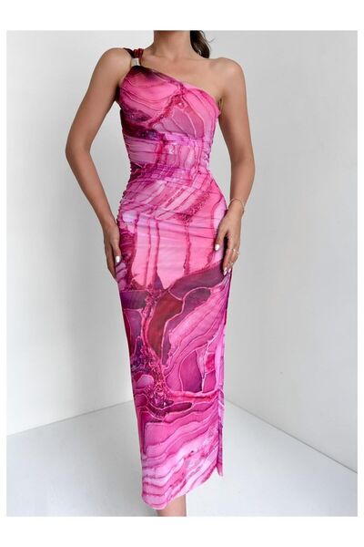 Sands Tekstil Rochie pe un umăr cu model fuchsia