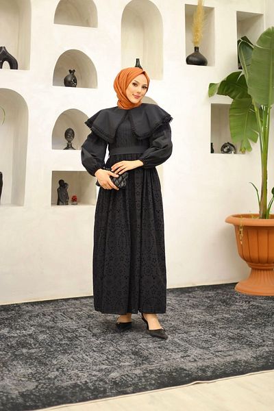 nizzell Rochie hijab lungă din dantelă brodată NIZZELL - guler pentru bebeluși, croșetat, dantelă