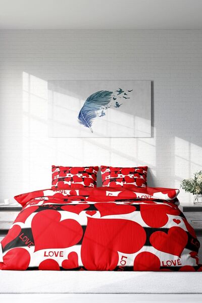 PerlaSera Set de lenjerie de pat cu design personalizat 3D - satin de bumbac țesut dens, dublu, Love II