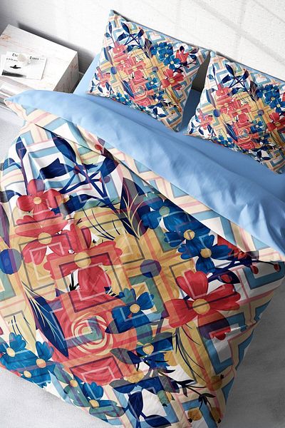 PerlaSera 3D Custom Design - Double Duvet Cover Set, Tightly Woven Cotton Satin, Geo Flowers Pattern