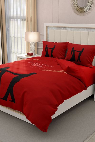 MonoHome Double (With Elastic Sheet) Valentine's Day Duvet Cover Set 100% Cotton Satin Red Love