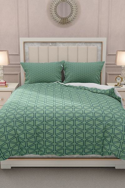 MonoHome 100% Cotton Satin Double Duvet Cover Set with Elastic Sheets Green Pattern