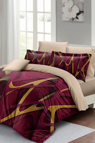 MonoHome 100% Cotton Satin Double Duvet Cover Set with Elastic Sheets Red Brown