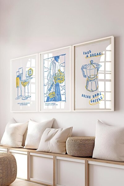 Postifull Minimalist Painting Set, 3Pcs White Frame and Poster - Bedroom, Living Room, Kitchen Wall Decor