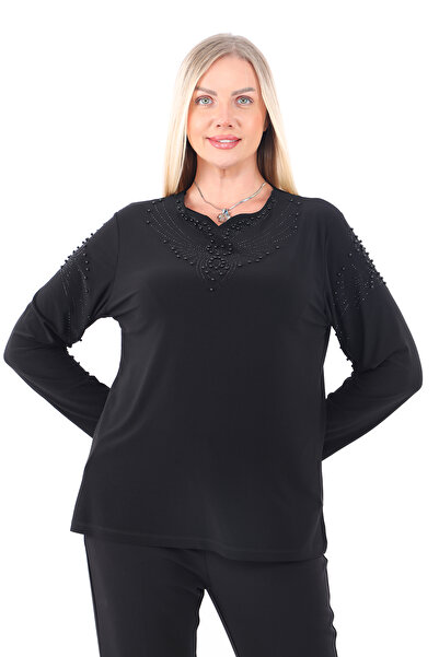 AfifeCOLLECTİON بلوزة أنيقة ومريحة مطرزة برقبة مرصعة بالخرز