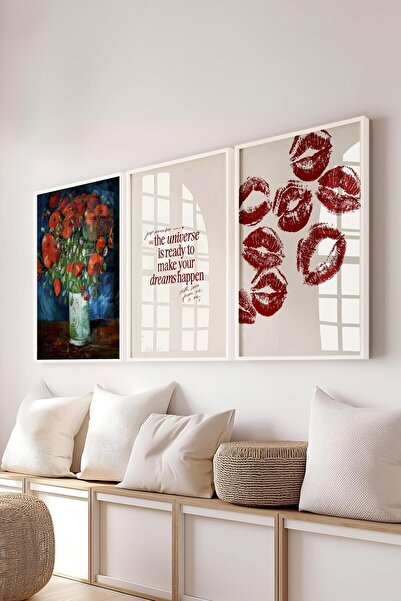 Postifull Kırmızı Vintage Tablo Seti, 3 Adet Beyaz Çerçeve ve Poster - Salon, Mutfak, Yatak Odası Duvar Dekor