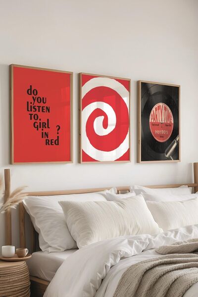 Postifull Kırmızı Tablo Seti, 3 Adet Ahşap Çerçeve ve Poster - Yatak Odası, Mutfak, Salon Duvar Dekoru