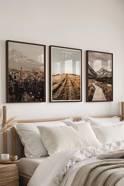 Postifull Vintage Manzara Tablo Seti, 3 Adet Siyah Çerçeve ve Poster - Salon,...