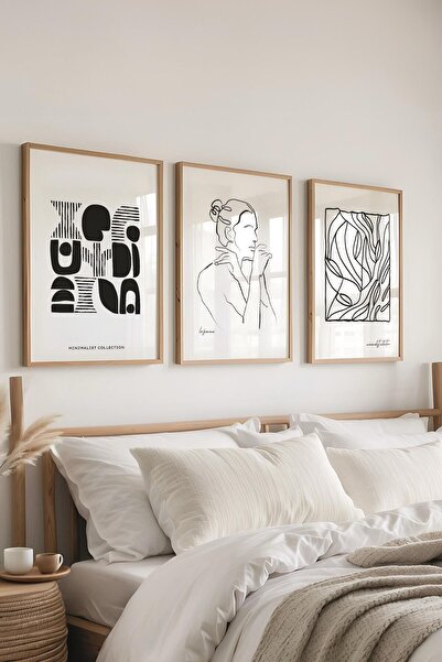 Postifull Minimalist Tablo Seti, 3 Adet Ahşap Çerçeve ve Poster - Yatak Odası...