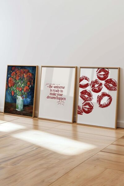 Postifull Kırmızı Vintage Tablo Seti, 3 Adet Ahşap Çerçeve ve Poster - Salon, Mutfak, Yatak Odası Duvar Dekor