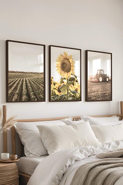 Postifull Farmhouse Ayçiçeği Tablo Seti, 3 Adet Siyah Çerçeve ve Poster - Salon, Mutfak, Yatak Odası Dekor