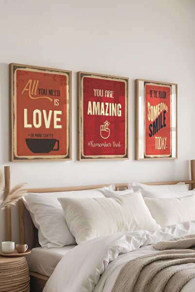 Postifull Set de pictură vintage roșu, 3 bucăți cadru din lemn și poster - de...