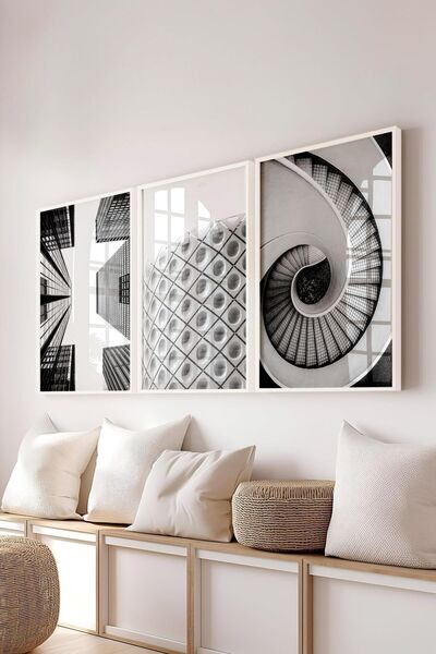 Postifull Black and White Painting Set, 3Pcs White Frame and Architecture Poster - Bedroom, Kitchen, Living Room Decor