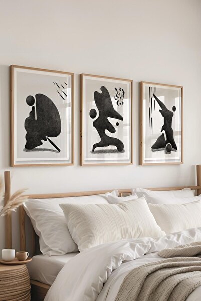 Postifull Set de pictură abstractă alb-negru, 3 bucăți cadru din lemn și post...