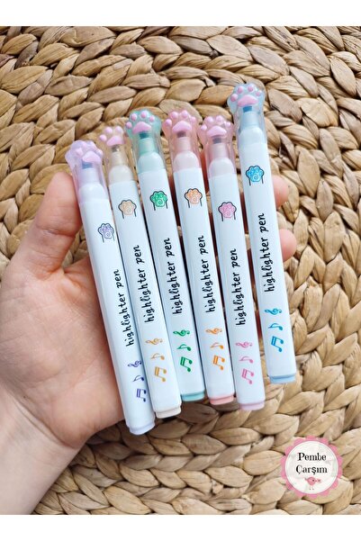 Pembe Çarşı Kedi Patisi Desenli 6'lı Pastel Renk İşaretleme Kalemi
