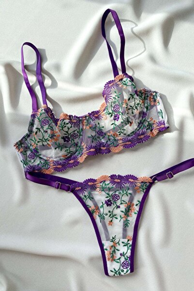 Serina Atelier Mor Çiçekli Dantelli Kadın Bralet Takım (SÜTYEN&TANGA)