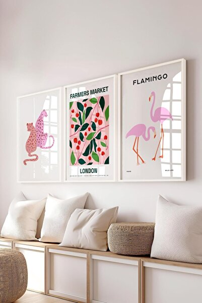Postifull Pembe Modern Tablo Seti, 3 Adet Beyaz Çerçeve ve Poster, Flamingo P...