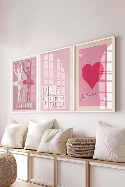 Postifull Pembe Tablo Seti, 3 Adet Beyaz Çerçeve ve Poster - Yatak Odası Dekoru, Mutfak, Salon Duvar Dekoru