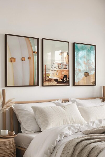 Postifull Σετ ζωγραφικής με καλοκαιρινό θέμα, 3 μαύρα πλαίσια και μπλε αφίσες - Διακόσμηση τοίχου κρεβατοκάμαρας, κουζίνας, σαλονιού