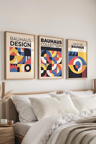 Postifull Renkli Tablo Seti, 3 Adet Ahşap Çerçeve ve Bauhaus Poster - Yatak O...