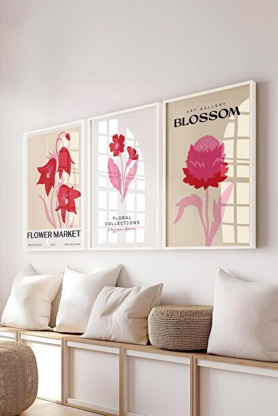 Postifull Pembe Minimalist Tablo Seti, 3 Adet Beyaz Çerçeve ve Poster - Mutfak, Salon, Yatak Odası Dekoru