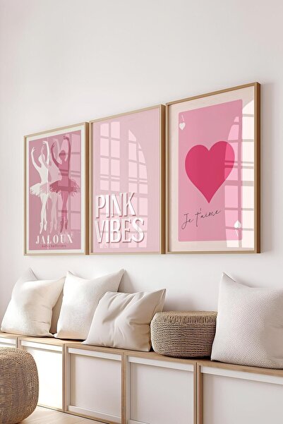 Postifull Pink Painting Set,3 Pcs Wooden Frame and Poster - Bedroom Decor, Kitchen, Living Room Wall Decor