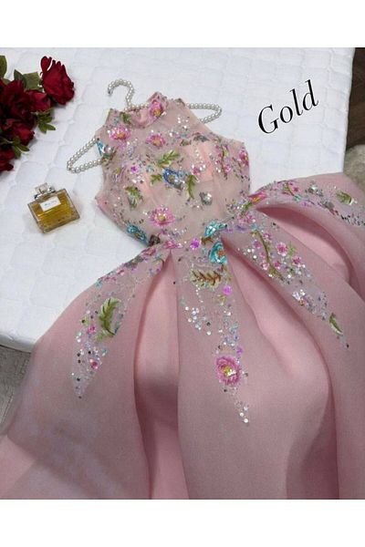 Gold Dresses SatinMidiEvening Dress - Embroidered and Rhinestone Embroidered,BarbrieBrb 241708