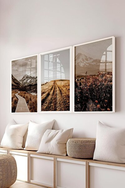 Postifull Vintage Manzara Tablo Seti, 3 Adet Beyaz Çerçeve ve Poster - Salon,...